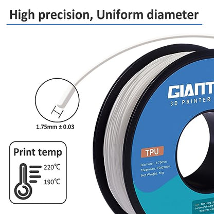 GIANTARM 95A TPU 3D Printer Filament 1.75mm, 1kg Spool, White, +/- 0.03mm - color: Tpu-white