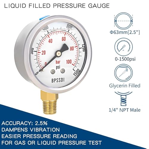 0-1500 Psi Glycerin Liquid Filled Hydraulic Pressure Gauge, 2.5" Dial Size, 1/4" NPT Lower Mount, 304 Stainless Steel Case, for Water Oil Air Gas Pressure Test - size: 0-1500 psi, style: Lower Mount