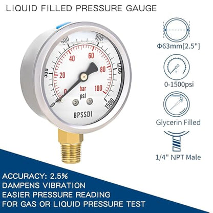 0-1500 Psi Glycerin Liquid Filled Hydraulic Pressure Gauge, 2.5" Dial Size, 1/4" NPT Lower Mount, 304 Stainless Steel Case, for Water Oil Air Gas Pressure Test - size: 0-1500 psi, style: Lower Mount