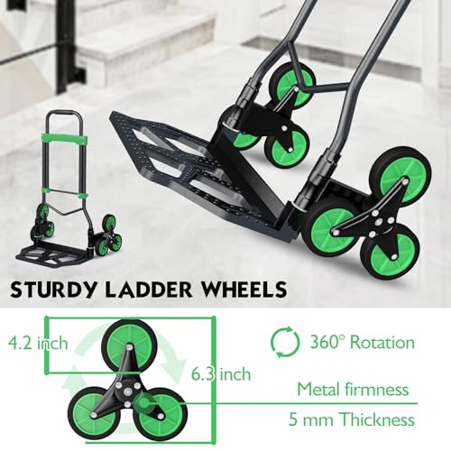 Heavy-Duty 330LB Capacity Hand Truck with Stair-Climbing Wheels & One-Touch Retractable Handle - Q235 Steel Collapsible Dolly Cart, 4.2-Inch Triple Wheels, Elastic Strap & Sponge Grip (Green) - color: Green