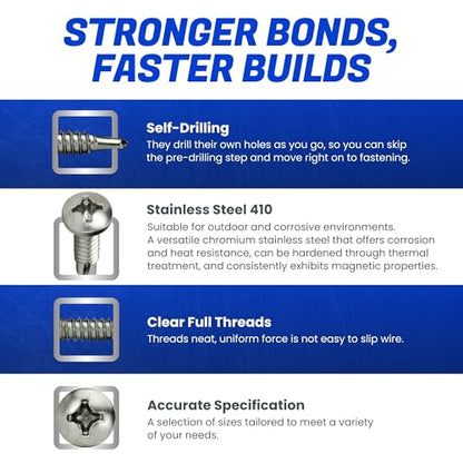 Fastenere Pan Head Self Drilling Tek Screws - #6 x 1 (100 Pack) Stainless Steel 410, Full Thread, Bright Plain Finish, Corrosion-Resistant, Self-Drilling, Easy to Install w/Phillips Drive Size #2 - size: #6 x 1" (100 Pack)
