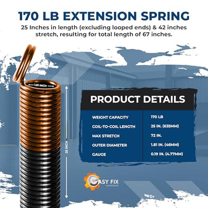 170 lb Orange Garage Door Extension Springs, Heavy-Duty Double-Looped 2-Pack for 16 ft x 7 ft Doors, ASTM 229 Steel, 30,000 Cycles - size: 170-Orange