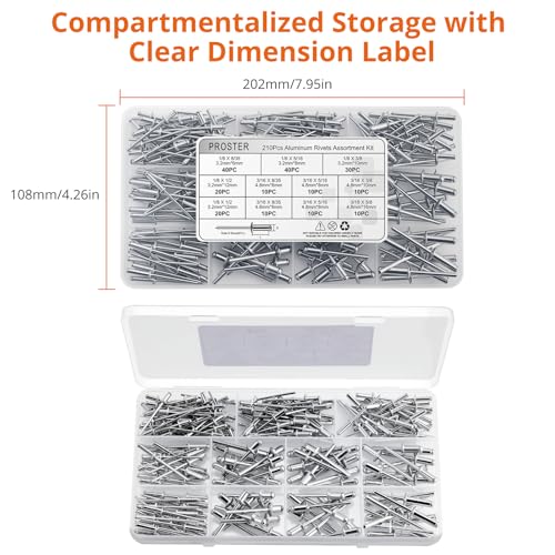 Proster 210pcs Aluminum Rivet Assortment - 8 Sizes 1/8"-3/16" with Case