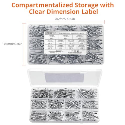 Proster 210pcs Aluminum Rivet Assortment - 8 Sizes 1/8"-3/16" with Case