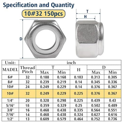 #10-32 Lock Nut, 150Pcs Stainless Steel Nylock Insert Locking Nuts - size: #10-32, 150 Pack
