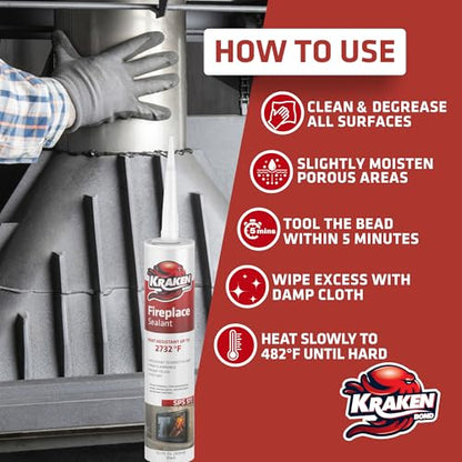 Kraken Bond High Temperature Black Fireplace Sealant 2732°F - (12x10.1oz.) Fire Resistance Up to 2732°F, High Temp Fire Caulk for Ovens, Stoves, Chimneys - Fast Dry, Paintable, Non-Flammable, 12 Pack