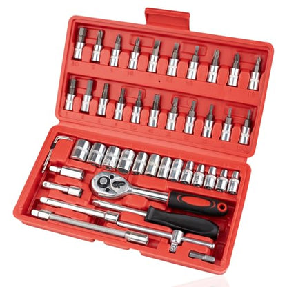 Beaiguna 46PCS Small Drive Socket Ratchet Wrench Screwdriver Set, 1/4 Inch Metric Socket and Ratchet Wrench Set with Extension Bar, Upgrade Compact Tool Set for Car - size: Small