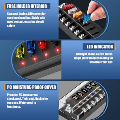 12V/24V 6-Circuit Waterproof Marine Fuse Box with LED Indicator, ATO Blade Fuse Block for Automotive, Marine, Truck, Car, Boat, RV - size: 6 Way Fuse Box