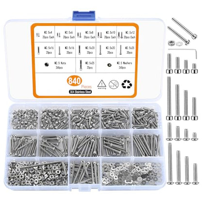 840Pcs Silver Stainless Steel M2.5 Hex Socket Screws & Nuts Assortment Kit - color: M2.5 840 Silver