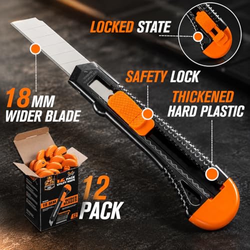REXBETI 12-Pack Utility Knife, Retractable Box Cutter for Cartons, Cardboard and Boxes, 18mm Wider Razor Sharp Blade, Smooth Mechanism, Perfect for Office and Home use