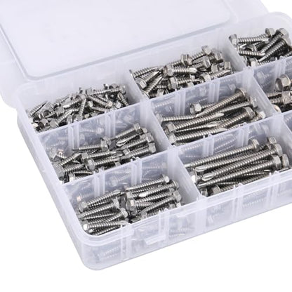 SATANTECH #8#10#14 Self Drilling Screws Assortment Kit,410 Stainless Steel Self Tapping Sheet Metal Screws Hex Washer Head,370Pcs Self Tapping Screws for Metal Wood Plastic,1/2" 3/4" 1" 1-1/2" 2"