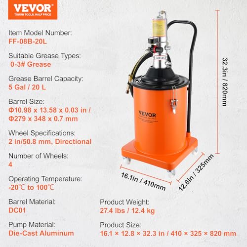 VEVOR Grease Pump, 5 Gallon Air Grease Pump with 13 ft High Pressure Hose and Grease Gun, 20L Pneumatic Grease Pump with Wheels, Portable Lubrication Grease Pump - style: 5 Gallon