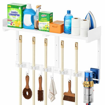 HUFAND Broom Holder Wall Mount, 27" Mop and Broom Organizer with Top Shelf - color: White, size: Large