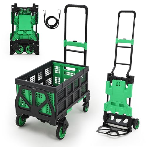 Versatile 2-in-1 Folding Hand Truck Dolly – Collapsible Basket, Retractable Handle, 4 Wheels – Heavy Duty Moving and Shopping Platform, 330 Lb Capacity, Foldable and Compact for Easy Storage - color: Green