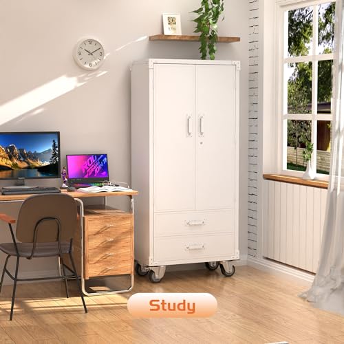 Reemoon Metal Garage Storage Cabinet with 2 Drawers, Rolling Storage Cabinet with 2 Lockable Doors for Garage Home Office,Required Assembly,White - color: White, size: 16.5"D x 31.5"W x 72"H