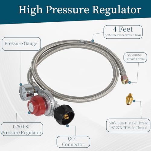 4FT High Pressure Propane Regulator with Gauge 0-30PSI Adjustable Stainless Steel Braided Hose for Turkey Fryers, Burners, Smokers, Wok Ranges & Outdoor Cooking - size: 4FT Stainless Steel Braided Hose