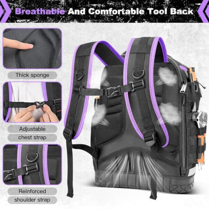 Tool Backpack Bag, Electrician Tool Bag 78-Pockets & Loops Tools Bag HVAC Tool Bags for Men, Heavy Duty Storage Construction tools Backpack (style1-Purple) - color: Purple