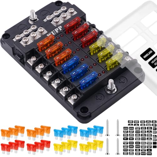 12 Circuits Fuse Block Panel - with Negative Bus Fuse Box Holder Screw, Marine Fuse Block DC 12-24V with LED Indicator Waterproof Cover for Car Marine Boat RV Truck, 24 Fuses Included - size: 12 Way
