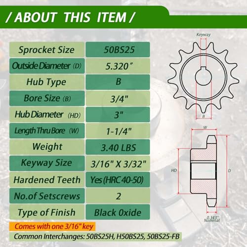 #50 Roller Chain Sprocket 25 Tooth 3/4" Bore (3/16" Keyway) Black Oxide with 2 Set Screws & Key Included for Conveyor Farm Equipment Packaging Industrial Heavy Duty Drive, Hardened Steel 50BS25-3/4 - size: 3/4 inch, style: 25tooth