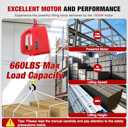 Nilight 3-in-1 Electric Hoist Winch, 660LBS 1500W Portable Power Winch Crane with Manual Wired Wireless Remote Control, 110V Electric Winch 33FT/Min Speed 39FT Height for Garage Warehouse Factory, Red - size: 660LBS Red