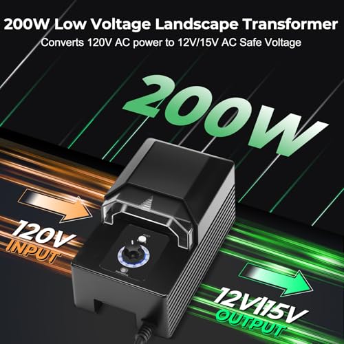 Gardencoin 200W Low Voltage Landscape Transformer, 120V to 12V/15V AC Outdoor Power Supply with Timer & Photocell Sensor, Weatherproof for LED Path Light, Spotlight, ETL Listed (Matte Black)