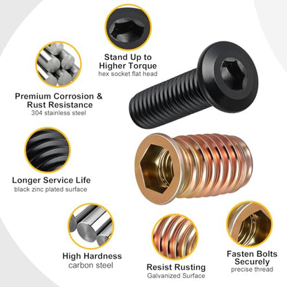 Threaded Inserts and Bolts Set, 40 Sets, 1/4-20 x 19/32" Threaded Inserts for Wood, 1/4-20 x 3/4" Furniture Screws, 1/4 Bolt Flat Head 304 Stainless Steel, Hex Socket Drive, 2Pcs Hex Wrench - size: 1/4-20x3/4"