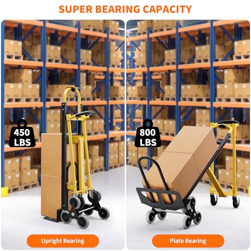 3-in-1 Heavy Duty Convertible Hand Truck, 800 Lbs Capacity Dolly Cart, Aluminum Dolly Hand Truck with Stair Climber Wheels, Stair Climbing Cart for Warehouse Transport & Moving(Yellow+Black)