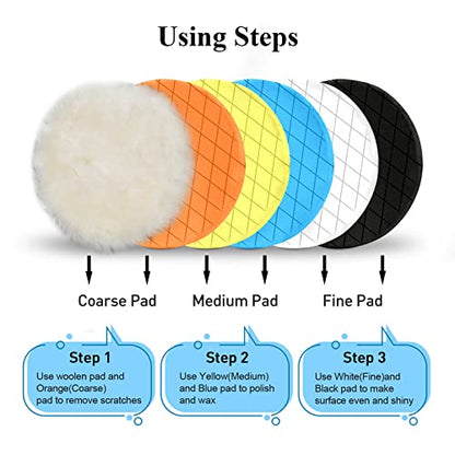 Autolock 7" Buffing Polishing Pads, 6 Pcs 7 Inch 180mm Face for 6.7 Inch Backing Plate, Compound Buffing Sponge and Woolen Pads, Cutting Polishing Pad Kit for Car Buffer Compounding, Polish and Wax - size: 7 inch 6 pack