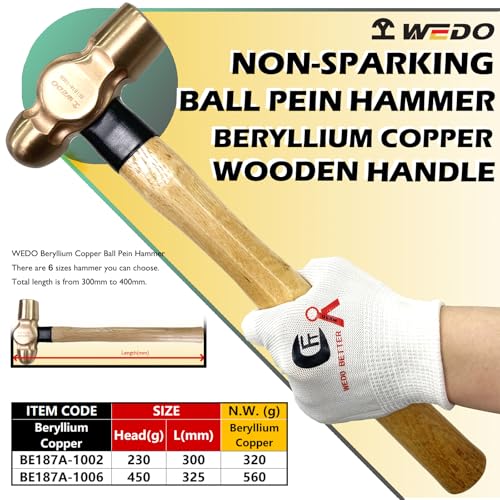 WEDO 2PCS Ball Pein Hammer,1/2lb+1lb Non-Sparking Ball Peen Hammer with Wooden Handle, Beryllium Copper,Non-Magnetic,Die-forged,Corrosion Resistant,BAM & FM Certificate,DIN Standard - color: Beryllium Copper, size: 2pcs-setB