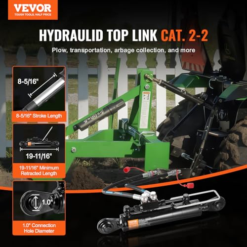VEVOR Hydraulic Top Link Cat. 2-2（8-5/16 in, 19-11/16~28 in, Hydraulic Cylinder with 2 Hoses & G3/8" Check Valve - style: Cat2-2(8-5/16 in, 19-11/16~28 in)