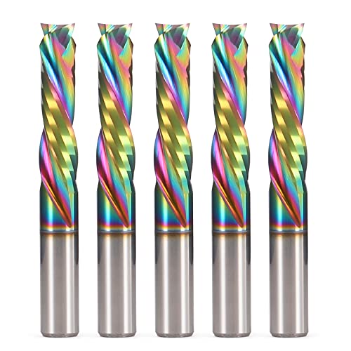 Up Down Compression Spiral Router Bit - 1/4 inch Shank 2-Flute CNC End Mill with DLC Coating, 1" Cutting Length Solid Carbide Compression CNC Bits Milling Cutter for Wood Engraving Grooving (5PCS)