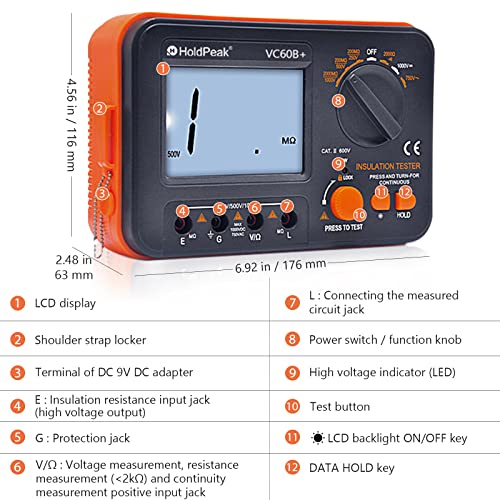 Digital Insulation Resistance Tester 1999 Counts Megohmmeter AC DC Voltmeter 250 500 1000V 2G Ohm Insulation Resistance Backlit LCD Data Hold and High Voltage Indicator