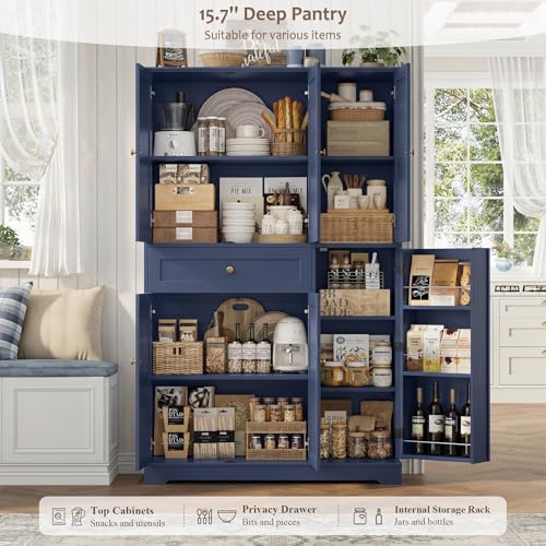 HOSTACK 68"H Kitchen Pantry Storage Cabinet with Doors & Shelves, Navy Blue - color: Navy Blue