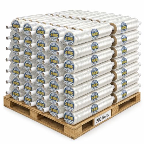 BOX USA Stretch Wrap Extra Wide Stretch Film Roll (200 Rolls) - 20 in Wide & 1000 ft long Clear Plastic Wrap with Handles for Pallet Wrapping Shipping Moving - size: 20" X 1000' (200 Rolls)