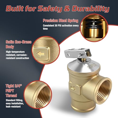 3/4" FNPT Female Inlet & Outlet – 30 PSI Automatic Pressure Relief Valve for Hot Water Boilers & Hydronic Heating Systems, Durable Lead-Free Brass, Up to 510,000 BTU