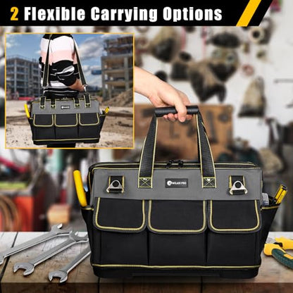 20 in Tool Bag For Men with Waterproof Molded Base, High Capacity Wide Mouth Tote, Construction Worker Electricians Tool Bags, Large Tool Bag Organizer for Men Women (Grey) - size: 20 inches