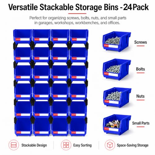 24 Pack Stackable Storage Bins Heavy Duty Parts Organizer Blue - color: Blue-24 Pack, size: 5"x4"x3"