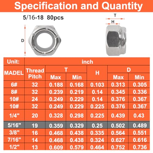 5/16-18 Locknuts - 80Pcs Nylon Insert Lock Nuts,304 Stainless Steel - size: 5/16-18(80 pack), style: SAE