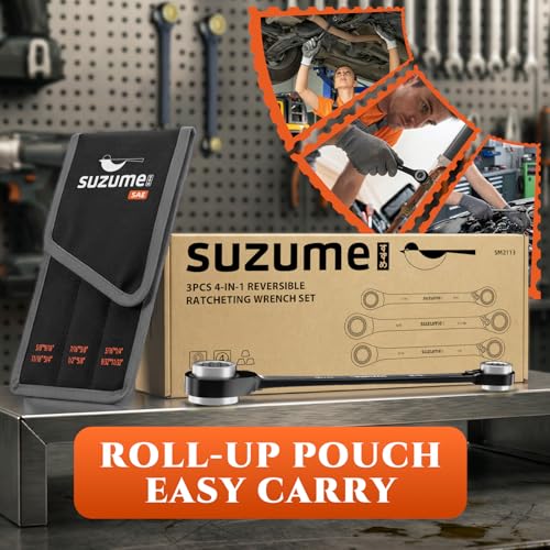 SUZUME 4 in 1 Reversible Double Box End Ratcheting Wrench set 3PCS SAE - size: SAE