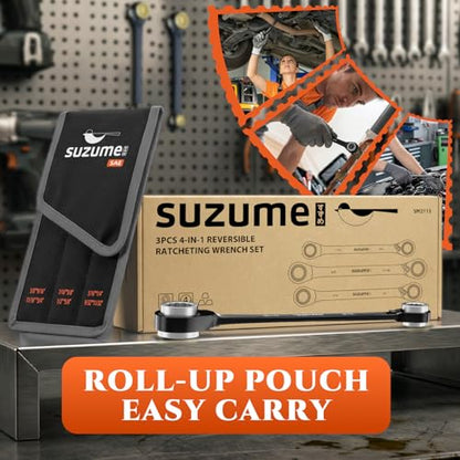 SUZUME 4 in 1 Reversible Double Box End Ratcheting Wrench set 3PCS SAE - size: SAE