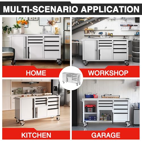 WORKPRO 62" x 20" 7-Drawer & 2-Door Rolling Tool Chest with Stainless Countertop, Locking System, Heavy Duty Tool Storage Cabinet for Garage, Warehouse & Kitchen, 1000 lbs Capacity