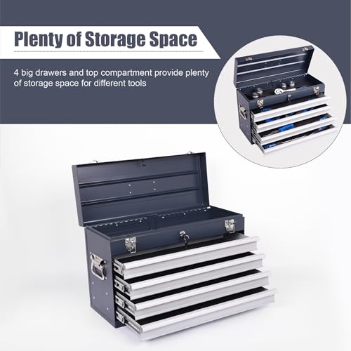 Heavy Duty Metal Tool Box, 21-inch, Portable Metal Tool Box with 4 Drawers, Small Tool Chest with EVA Liners, Ball Bearing Slide Drawers Locking & Powder Coated Finish, Multi-Function Tool Organizer - color: Tool Box-grey