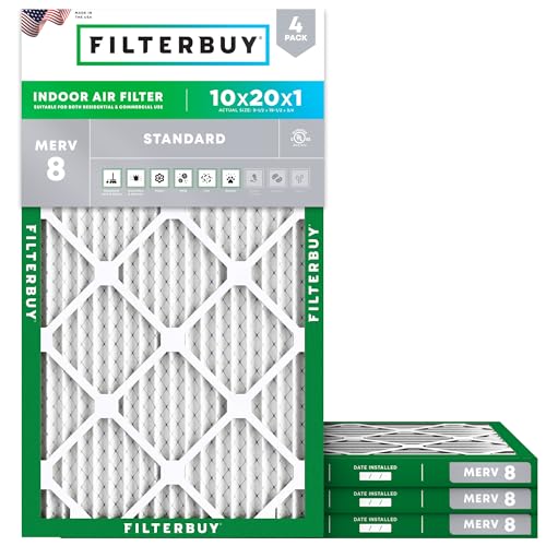 Filterbuy 10x20x1 Air Filter MERV 8 Dust & Allergy Defense (4-Pack) - size: 10x20x1