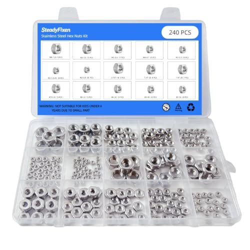 Hex Nuts Assortment Kit, 304 Stainless Steel 18-8 (A2-70), Hardware Nuts Set for Mechanical Repair & Assembly, Silver,[#2#4#6#8#10 1/4" 5/16" M2 M2.5 M3 M4 M5 M6 M8], (240PCS) - size: 240PCS,#2,#4,#6,#8,#10,1/4",5/16",M2‑M6,M8