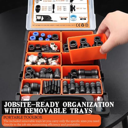 130 PCS Air Hose Fitting Kit 1/4 3/8 1/2in OD Black NPT PBT Push to Connect - color: Black