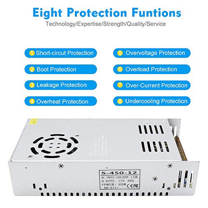 inShareplus 12V 450W LED Power Supply,12 Volt DC Switching Power Supply, 37.5A, 100-240V AC to DC 12 Volt LED Driver, Converter, Transformer for LED Strip Light, Computer Project - style: 12V 450W