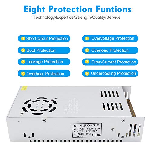 inShareplus 12V 450W LED Power Supply,12 Volt DC Switching Power Supply, 37.5A, 100-240V AC to DC 12 Volt LED Driver, Converter, Transformer for LED Strip Light, Computer Project - style: 12V 450W