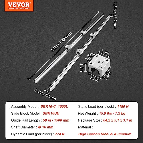 VEVOR Linear Rail Slide SBR16-1500mm 2 PCS and 4 PCS SBR16UU Slide Blocks Linear Guide Rail and Bearings Kit for Automated Machines DIY Project CNC Router Machines - size: SBR 16-1500mm