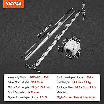VEVOR Linear Rail Slide SBR16-1500mm 2 PCS and 4 PCS SBR16UU Slide Blocks Linear Guide Rail and Bearings Kit for Automated Machines DIY Project CNC Router Machines - size: SBR 16-1500mm
