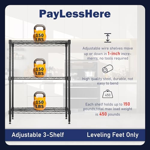 PayLessHere | 3-Tier Wire Shelf | 23"x13"x30" | Black - color: Black, size: 23"D x 13"W x 30"H